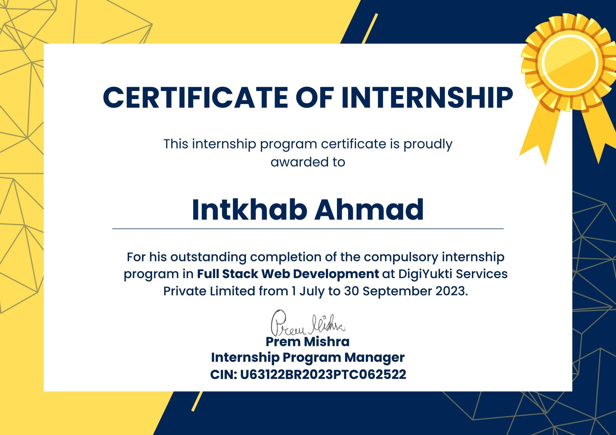 Intkhab Ahmad Certificate of Internship